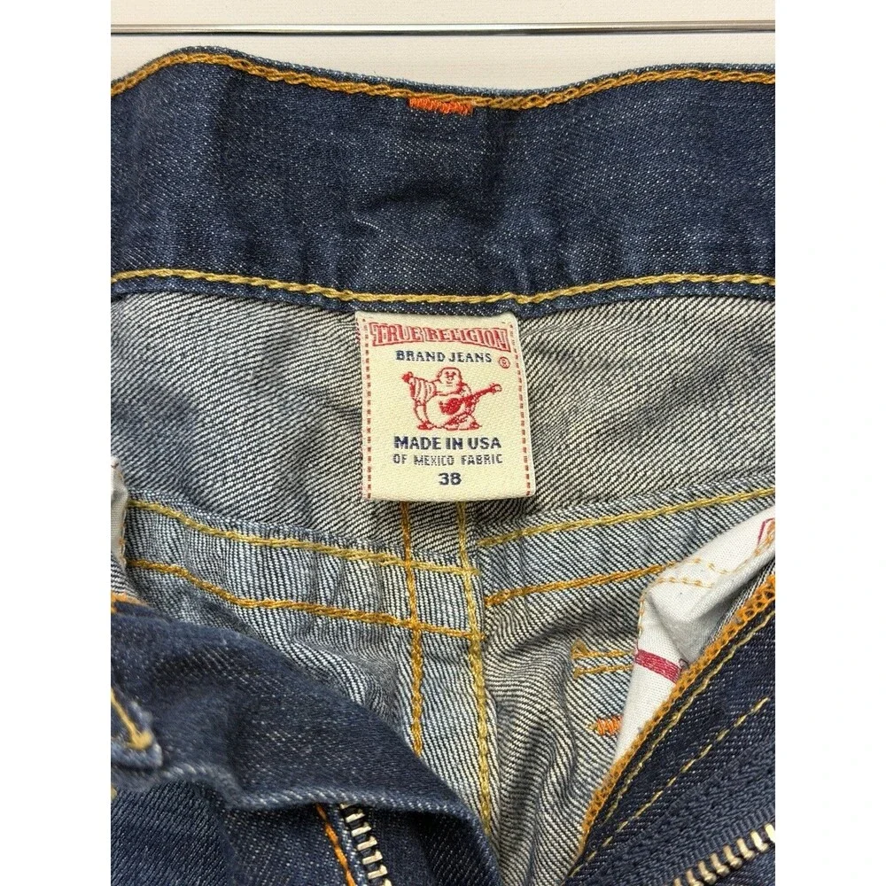 True Religion Ricky Jeans Mens 38x32 Blue Relaxed Straight Zip Fly Stretch Flap